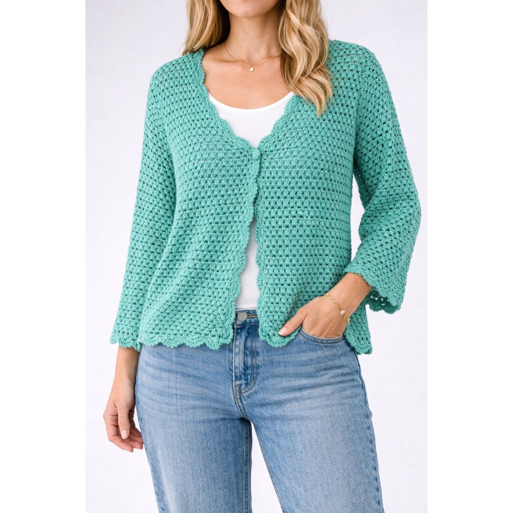 Norm Thompson Crochet Cardigan Green 3/4 Sleeve Linen Cotton Open‎ Knit Large